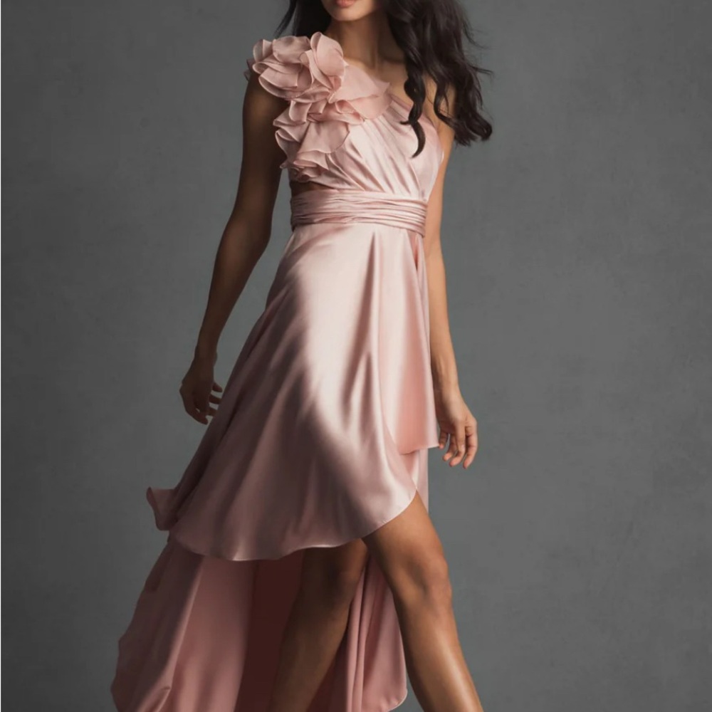 NWT, Mac Duggal Pink Ruffled One Shoulder Cut Out Hi-Low Gown size 4